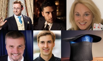 Introducing our 5 magicians including (top row) 1. Steve Cohen, 2. Dan White, 3. Madeleine The Magician as well as (bottom row) 4. Brian McGovern, 5. Gary Ferrar plus the hat of the founder of this blog who is known only as "Manhattan Magician."